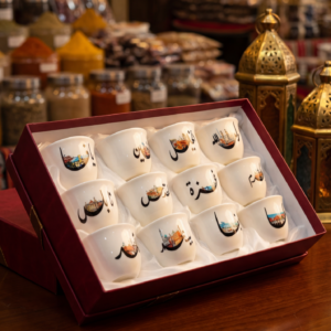 طقم فناجين عربية سيراميك مزخرف بأسماء مدن فلسطين 12 قطعة